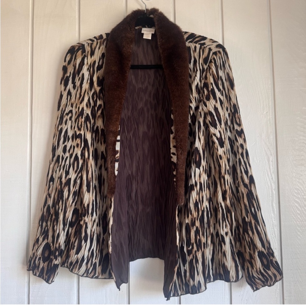 Chico’s Y2K Leopard Print Cardigan with Faux Fur Collar